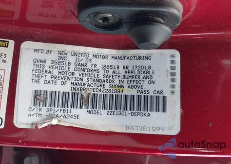 2004 Toyota Corolla Ce из США, поврежденный, VIN 1NXBR32E04Z281994